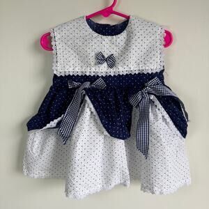 VINTAGE Frillies Baby Girl Dress 6-12 Months Navy Blue White Polka Dot Lace Bow